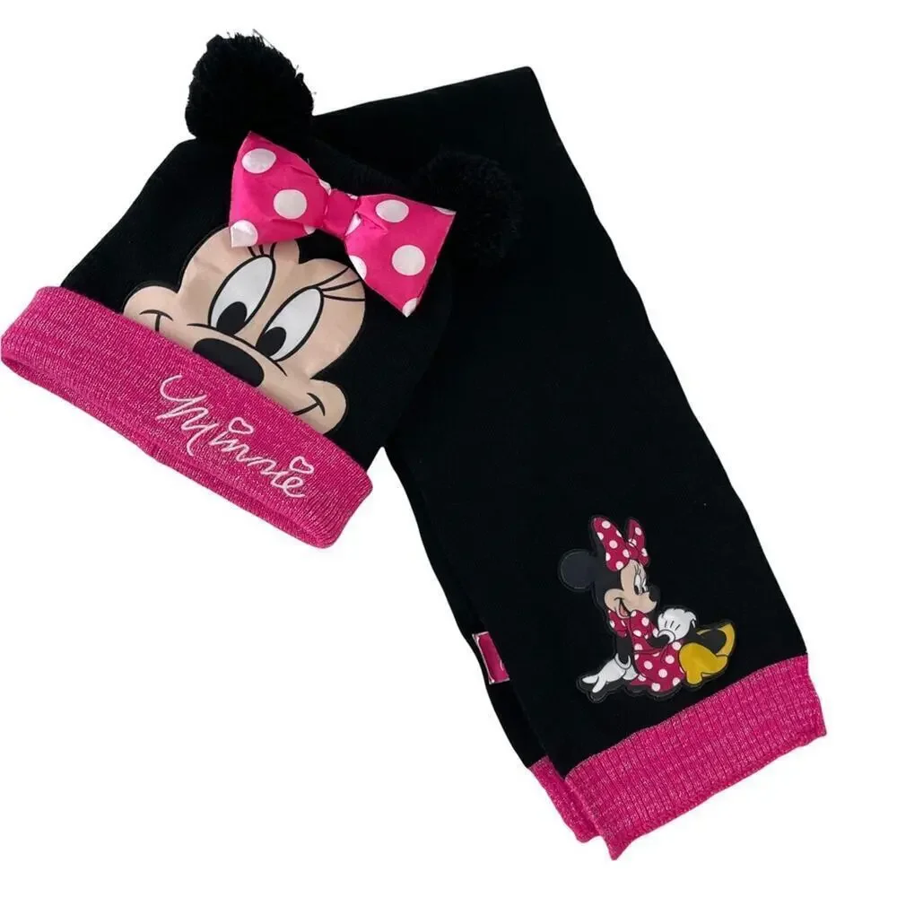 MINNIE MOUSE DISNEY Knit Winter Beanie Hat Scarf Set One Size